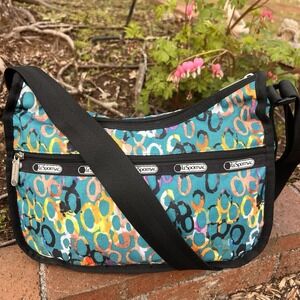Le Sportsac Classic Hobo Bag Crazy 8's Print Colorful Shoulder Crossbody Purse